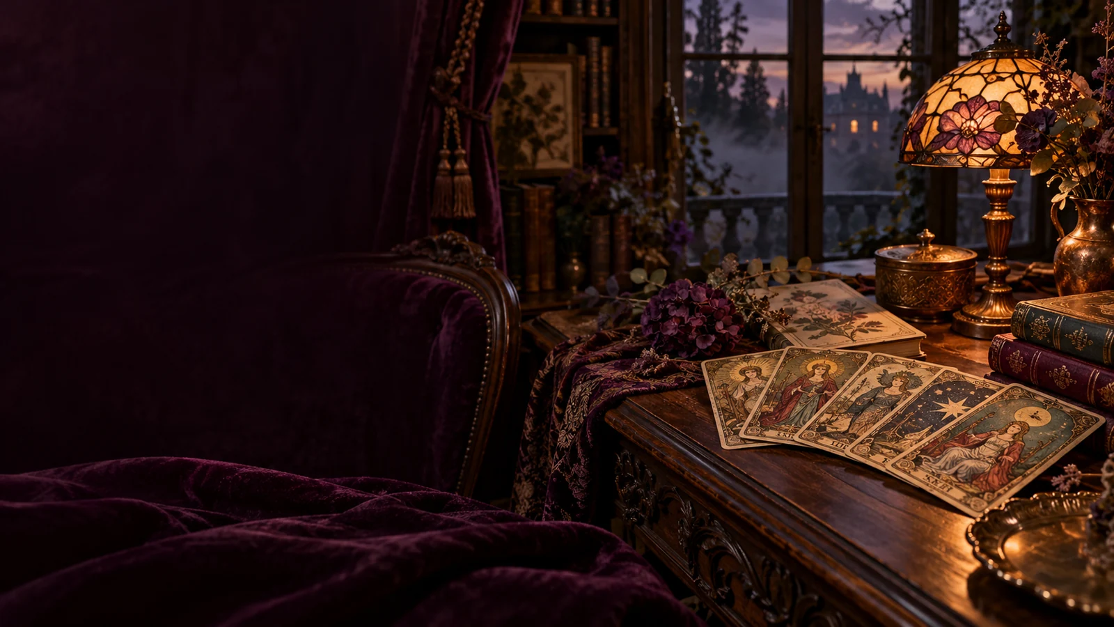 Un éventail de cartes de tarot illustrées sur une table en bois, dans la lumière d’une lampe ancienne