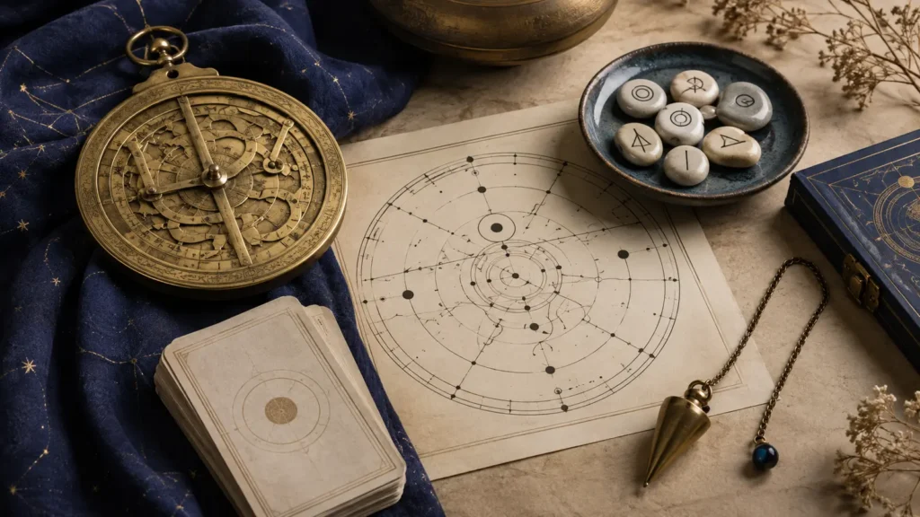 Astrolabe, cartes, pierres marquées et pendule présentés dans une composition éditoriale.