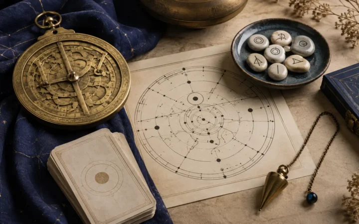 Astrolabe, cartes, pierres marquées et pendule présentés dans une composition éditoriale.