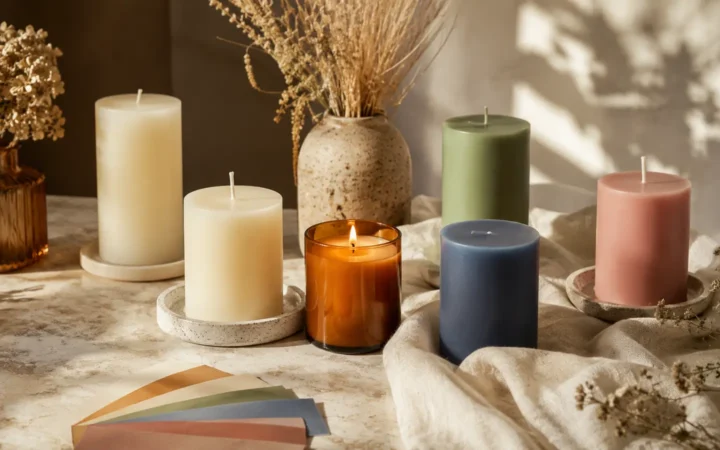 Bougies ivoire, ambre, bleue, verte et rose disposées dans une lumière douce.
