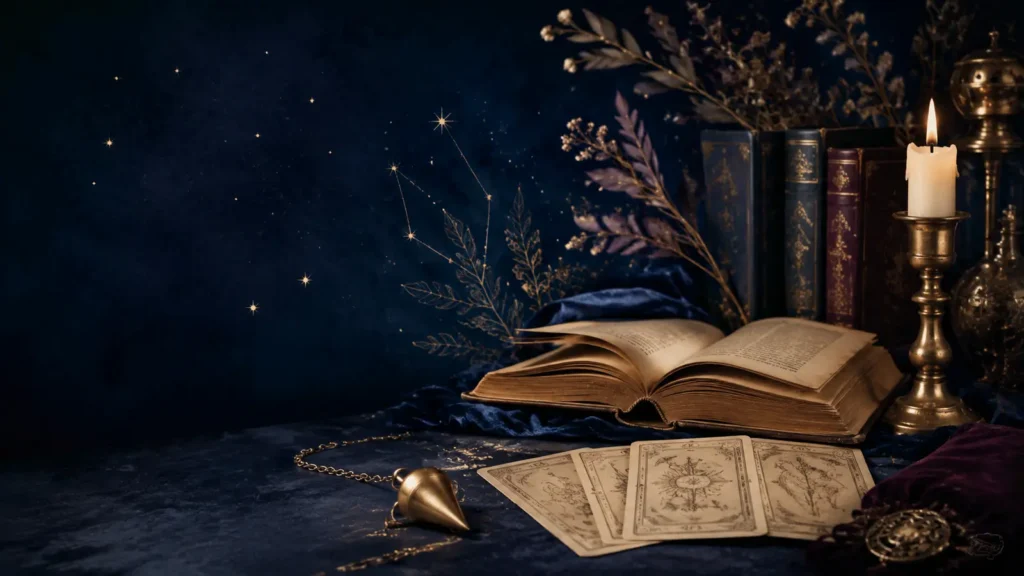Un livre ancien ouvert auprès de cartes symboliques, d’un pendule et d’une bougie sur fond bleu nuit.