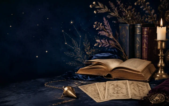 Un livre ancien ouvert auprès de cartes symboliques, d’un pendule et d’une bougie sur fond bleu nuit.