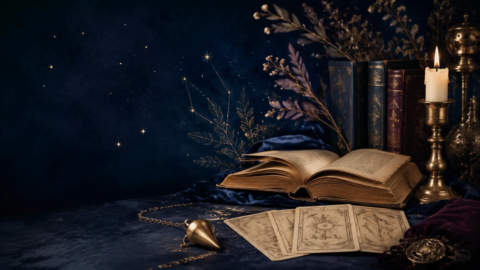Livre ancien, cartes symboliques, pendule et bougie sur fond bleu nuit
