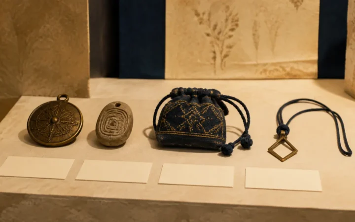 Talismans, amulette en pierre, pochette textile et pendentif présentés comme dans un musée.