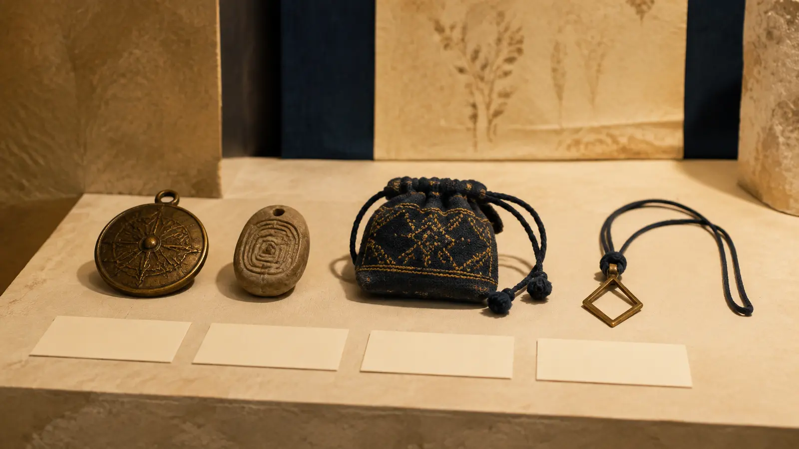 Talismans, amulette en pierre, pochette textile et pendentif présentés comme dans un musée.