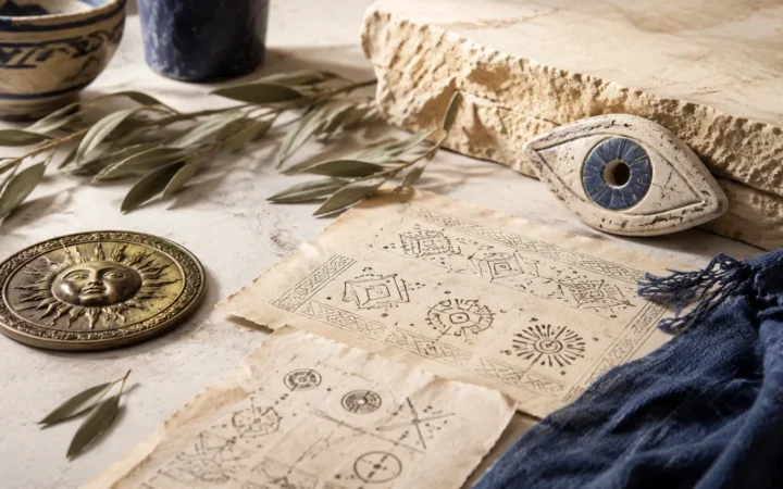 Objets historiques représentant un soleil, un œil protecteur et des motifs géométriques.