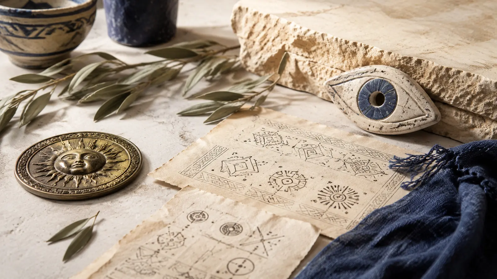 Objets historiques portant des motifs de soleil et d’œil protecteur