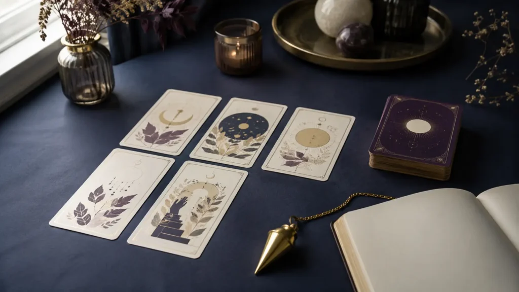Cartes illustrées, jeu d’oracle et pendule en laiton posés sur une table bleu nuit.