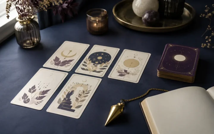 Cartes illustrées, jeu d’oracle et pendule en laiton posés sur une table bleu nuit.