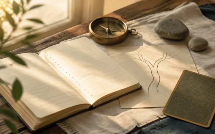 Carnet ouvert, boussole et dessin d’un chemin qui se sépare, éclairés par le soleil.